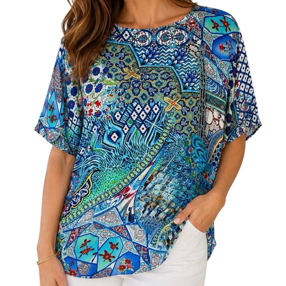 Shana Sz Small Wearable Art to Wear Abstract Artsy Tropical Blouse Shirt Top